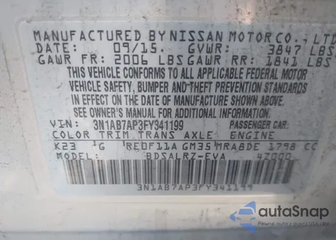 2015 Nissan Sentra Sr z USA, uszkodzony, nr VIN 3N1AB7AP3FY341199